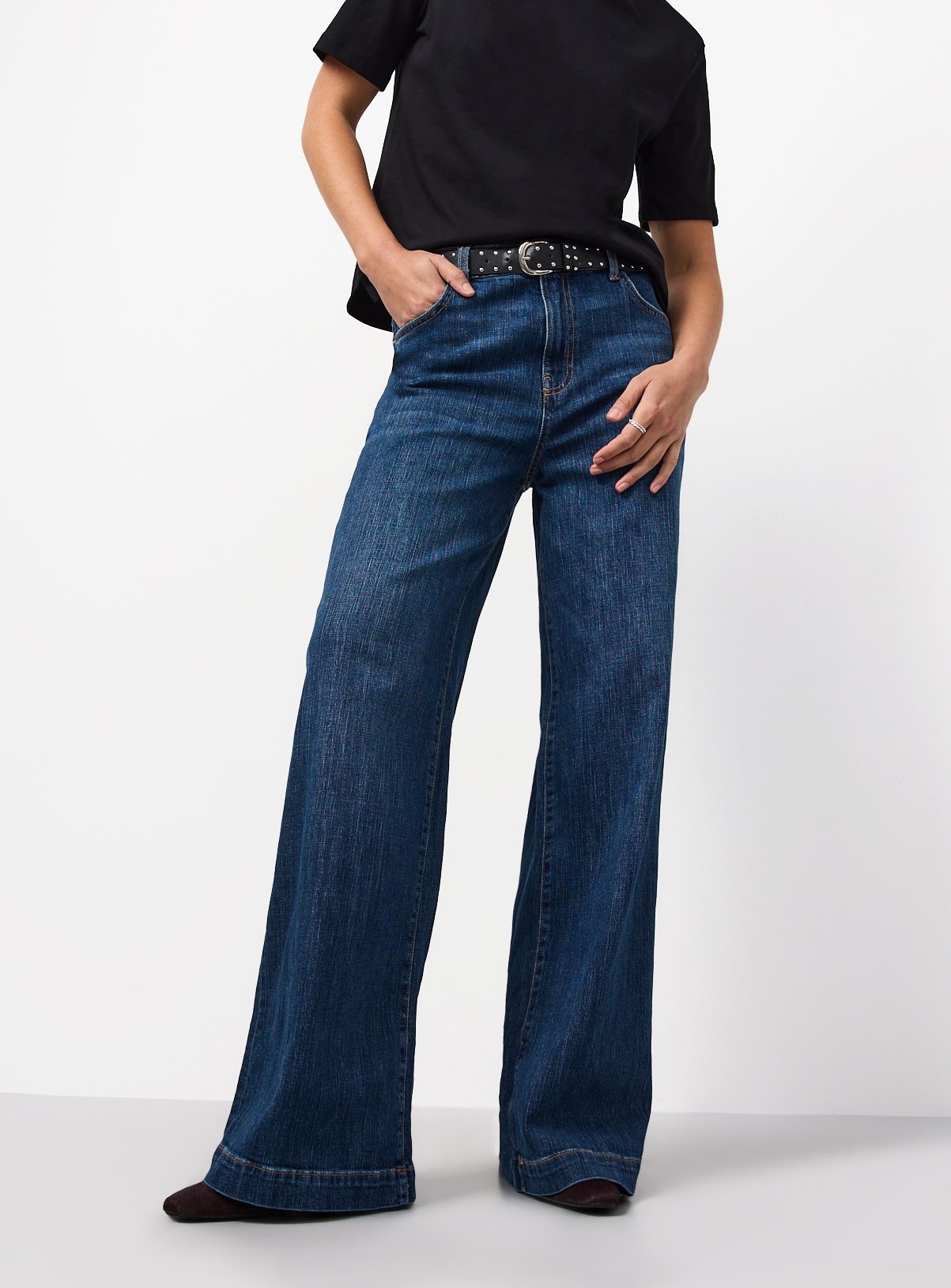 Dark Denim Belted Relaxed Flare Jeans 12L - Image 1 thumbnail